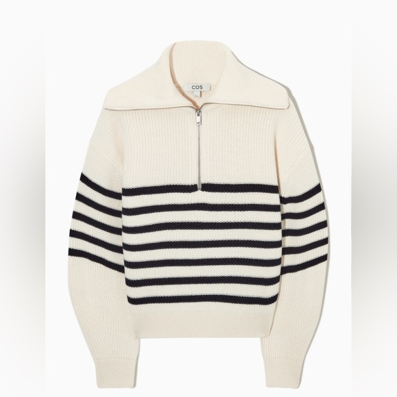 COS Wool and Cotton Half-Zip Jumper Quarter Zip Sweater Black Cream size Large - Picture 2 of 9